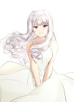  1girl dress hairband highres idolmaster idolmaster_(classic) long_hair looking_at_viewer open_mouth shijou_takane silver_hair smile solo violet_eyes white_background white_dress 