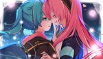  2girls aqua_eyes aqua_hair aqua_nails blurry bokeh closed_eyes depth_of_field expressionless face-to-face facing_another hairband half-closed_eyes hatsune_miku heart holding_hands hood hooded_jacket interlocked_fingers jacket long_hair looking_at_viewer megurine_luka multiple_girls nail_polish night night_sky number_print parted_lips pink_hair pink_nails portrait sky smile sweatdrop touching_another&#039;s_chin twintails twitter_username very_long_hair vocaloid wanaxtuco yuri 