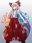  1girl baggy_pants bangs black_footwear boots bow breasts feet_out_of_frame fire fujiwara_no_mokou gradient gradient_background grey_background grin hair_between_eyes hair_bow long_hair looking_at_viewer ofuda paburisiyasu pants red_eyes red_pants shirt short_sleeves sidelocks silver_hair small_breasts smile solo standing suspenders torn_clothes torn_sleeves touhou v-shaped_eyebrows very_long_hair white_bow white_shirt wing_collar 