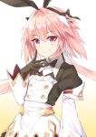  1boy astolfo_(fate) astolfo_(saber)_(fate) bangs black_bow black_gloves black_ribbon blush bow bowtie commentary_request eyebrows_visible_through_hair fang fate/grand_order fate_(series) gintama_10102 gloves hair_bow hair_intakes hair_ribbon highres long_hair long_sleeves looking_at_viewer multicolored_hair otoko_no_ko pink_hair ribbon skin_fang smile solo streaked_hair twintails violet_eyes white_hair 