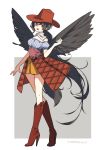  1girl :d artist_name bandana bangs bare_shoulders black_hair black_wings blue_shirt boots brown_footwear brown_headwear brown_skirt commentary_request cowboy_hat feathered_wings full_body hand_up hat high_heel_boots high_heels highres kurokoma_saki long_hair looking_at_viewer low_ponytail miniskirt namauni off-shoulder_shirt off_shoulder open_mouth plaid puffy_short_sleeves puffy_sleeves red_eyes shirt short_sleeves signature skirt smile solo standing thighs touhou very_long_hair white_background wings 