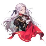  1girl cape character_name closed_mouth edelgard_von_hresvelg fire_emblem fire_emblem:_three_houses garreg_mach_monastery_uniform hair_ribbon highres long_hair long_sleeves maza red_cape ribbon simple_background solo uniform upper_body violet_eyes white_background white_hair 