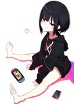  1girl bangs black_hair blunt_bangs bob_cut cellphone colored_shadow handheld_game_console heart hood hoodie ichiki_1 looking_at_viewer looking_to_the_side nintendo nintendo_switch original outstretched_legs phone red_eyes shadow short_hair simple_background sitting sleeves_past_wrists smartphone solo white_background 