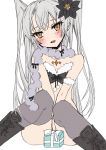  1girl alternate_costume amatsukaze_(kantai_collection) black_footwear boots box brown_eyes chigasaki_y cross-laced_footwear fang feet_out_of_frame fur_trim gift grey_legwear grey_scarf hair_tubes head_tilt highres kantai_collection lace-up_boots long_hair looking_at_viewer open_mouth scarf silver_hair simple_background solo thigh-highs two_side_up white_background windsock 