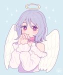  1girl absurdres angel angel_wings blue_background blush bright_pupils choker clothing_cutout feathered_wings grey_hair halo hands_together highres long_sleeves looking_at_viewer medium_hair nokanok original shirt shoulder_cutout signature simple_background solo sparkle violet_eyes white_pupils white_shirt white_wings wings 