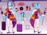  artist_name asymmetrical_skirt asymmetrical_sleeves black_gloves character_sheet color_guide commentary diamond_(shape) dress english_commentary facial_tattoo fan floral_print folding_fan frilled_dress frilled_sleeves frills from_behind full_body gloves hair_fan hair_ornament hatsune_miku hatsune_miku_expo high_heels highres holding holding_wand lipstick makeup microphone microphone_wand pimienta_kast purple_dress single_glove smile spanish_clothes strapless strapless_dress tattoo vocaloid wand 