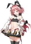  1boy astolfo_(fate) astolfo_(saber)_(fate) bangs bare_shoulders belt black_bow black_gloves black_legwear black_neckwear black_ribbon black_shirt black_skirt blush bow bowtie commentary_request crop_top fang fate/grand_order fate_(series) faulds gloves hair_between_eyes hair_bow hair_intakes highres long_hair long_sleeves looking_at_viewer low_twintails midriff multicolored_hair navel open_mouth otoko_no_ko pink_hair pixel_(yuxian) pleated_skirt ribbon shirt simple_background skirt skirt_hold smile solo streaked_hair thigh-highs thighs twintails violet_eyes white_background white_hair wide_sleeves wing_collar 