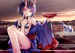  1girl alcohol ass bangs bare_shoulders blush bob_cut bottle breasts collarbone cup eyeliner fate/grand_order fate_(series) headpiece horns japanese_clothes kimono knees_up lake long_sleeves looking_to_the_side makeup off_shoulder oni oni_horns open_clothes open_kimono open_mouth purple_hair purple_kimono revealing_clothes sakazuki sake short_eyebrows short_hair shuten_douji_(fate/grand_order) sitting small_breasts smile solo thighs torii violet_eyes wide_sleeves yan_(nicknikg) 