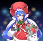  1girl ^_^ ahoge antlers bare_shoulders bell blue_hair blurry blurry_background blush box christmas_lights christmas_present closed_eyes dress eel_hat fingerless_gloves fur-trimmed_dress fur-trimmed_sleeves fur_trim gift giving gloves green_scarf grin hat holding holding_sack long_hair neck_ribbon otomachi_una reaching_out red_dress red_gloves red_headwear reindeer_antlers ribbon sack santa_costume santa_dress scarf shidoh279 smile solo talkex twintails upper_body very_long_hair vocaloid 