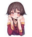  1girl aka--chi black_hair blush closed_mouth collarbone english_commentary eyebrows_visible_through_hair hands_on_own_cheeks hands_on_own_face highres kono_subarashii_sekai_ni_shukufuku_wo! megumin off_shoulder red_eyes simple_background solo upper_body white_background 