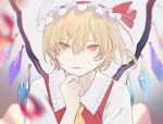  1girl :3 ascot bangs biting blonde_hair blurry blurry_foreground chromatic_aberration commentary_request finger_to_chin flandre_scarlet floating_hair frilled_hat frilled_shirt_collar frills grey_background hair_between_eyes half-closed_eyes hand_on_own_chin hand_up hat hat_ribbon highres iei000 lip_biting lips looking_at_viewer mob_cap one_side_up open_collar puckered_lips red_eyes red_ribbon red_vest ribbon shirt short_hair short_sleeves sidelocks simple_background solo touhou upper_body vest white_headwear white_shirt wide_sleeves wings yellow_neckwear 