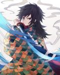  1boy asymmetrical_bangs bangs black_hair blue_eyes closed_mouth eugeboy_zzzzz fighting_stance haori highres holding holding_sword holding_weapon japanese_clothes katana kimetsu_no_yaiba long_hair long_sleeves looking_at_viewer low_ponytail male_focus solo splatter standing steam sword tomioka_giyuu waves weapon wide_sleeves 