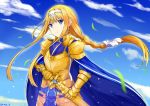  1girl alice_schuberg armor armored_dress artist_name bangs blonde_hair blue_eyes blue_sky braid clouds commentary eyebrows_visible_through_hair floating_hair gold_armor hairband highres holding long_hair looking_at_viewer outdoors rinse_7 sky solo standing sword sword_art_online very_long_hair weapon white_hairband 
