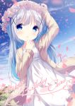 1girl :d arm_up bangs blue_eyes blue_flower blue_hair blue_sky blush brown_jacket character_name chinomaron clouds commentary_request day dress eyebrows_visible_through_hair flower flower_wreath frilled_dress frills gochuumon_wa_usagi_desu_ka? hair_ornament happy_birthday head_tilt head_wreath highres jacket kafuu_chino long_hair long_sleeves looking_at_viewer open_clothes open_jacket open_mouth outdoors petals pink_flower signature sky smile solo very_long_hair white_dress wind x_hair_ornament 