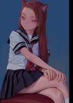  1girl animal_ears bare_arms black_skirt blue_background cat_ears cat_girl closed_mouth crossed_legs feet_out_of_frame fkey long_hair looking_at_viewer looking_away looking_to_the_side miniskirt neckerchief original pleated_skirt red_eyes red_neckwear redhead school_uniform serafuku shirt short_sleeves simple_background sitting skirt slit_pupils socks white_shirt 