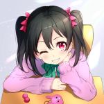  1girl black_hair blush bon_(bonbon315) bow commentary_request face green_bow grin hair_between_eyes hair_bow jacket long_hair long_sleeves looking_at_viewer love_live! love_live!_school_idol_project one_eye_closed pink_bow pink_jacket red_eyes sitting smile twintails two_side_up yazawa_nico 
