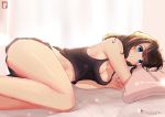  1girl artist_name bangs black_camisole black_shorts blue_eyes blush breasts brown_hair chinchongcha closed_mouth highres light_particles lying midriff on_bed on_side original pillow shorts sidelocks thighs 