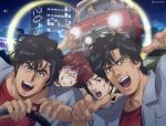  2boys 2girls bird black_eyes black_hair brown_eyes brown_hair car city city_hunter city_hunter_the_movie_shijou_saikou_no_mission crow driving dual_persona ground_vehicle happy highres jacket lens_flare makimura_kaori motor_vehicle multiple_boys multiple_girls night pointing red_shirt saeba_ryou scared shirt smile steering_wheel yuu_(masarunomori) 