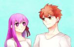  1boy 1girl bangs dress emiya_shirou fate/stay_night fate_(series) hair_ribbon heaven&#039;s_feel long_hair long_sleeves matou_sakura orange_hair oreh-stl purple_hair raglan_sleeves red_ribbon ribbon short_hair spoilers violet_eyes yellow_eyes 