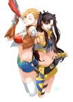  2girls :d ;) absurdres aqua_eyes back-to-back bandaid black_hair blonde_hair calamity_jane_(fate/grand_order) commentary_request cropped_legs fate/grand_order fate_(series) finger_on_trigger fingerless_gloves gloves gun hand_on_hilt highres holstered_weapon hoshi_rasuku katana midriff multiple_girls navel one_eye_closed open_mouth red_eyes shorts side_ponytail simple_background smile space_ishtar_(fate) sword weapon white_background 