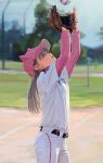  1girl animal_hat bangs baseball baseball_cap baseball_mitt baseball_uniform blurry blurry_background day fkey grey_hair hat long_hair looking_up open_mouth original outdoors profile solo sportswear 