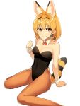  1girl alternate_costume animal_ears bare_shoulders black_leotard blonde_hair bow bowtie commentary_request detached_collar extra_ears eyebrows_visible_through_hair kemono_friends leotard nyanco520 pantyhose playboy_bunny_leotard red_neckwear serval_(kemono_friends) serval_ears serval_girl serval_tail short_hair sitting sleeve_cuffs sleeveless smile solo strapless strapless_leotard tail yellow_eyes 