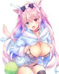  animal_ears bag black_bow blue_eyes bow breast_hold breast_suppress breasts breasts_outside commentary_request fang hair_ornament heterochromia highres hood hoodie jewelry kinokomushi long_hair necklace no_pants open_mouth original panties pink_hair purple_panties shoulder_bag simple_background tail thigh-highs underwear white_background 