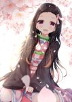  1girl :d aties20 bamboo bangs bit_gag black_hair blurry blurry_foreground blush brown_hair checkered commentary_request depth_of_field dutch_angle fangs flower forehead gag gradient_hair hair_ribbon japanese_clothes kamado_nezuko kimetsu_no_yaiba kimono long_hair long_sleeves looking_at_viewer multicolored_hair obi open_clothes open_mouth parted_bangs petals pink_kimono pink_ribbon ribbon sash sleeves_past_wrists smile solo very_long_hair violet_eyes white_flower wide_sleeves 