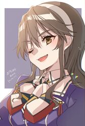  1girl ashigara_(kantai_collection) blush breasts brown_eyes brown_hair dated hair_ornament hairband jacket kantai_collection koruri large_breasts long_hair looking_at_viewer one_eye_closed open_mouth purple_background purple_jacket remodel_(kantai_collection) smile solo twitter_username uniform wavy_hair white_background 