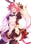 1boy absurdres astolfo_(fate) astolfo_(saber)_(fate) bangs black_bow black_gloves black_ribbon blush bow bowtie commentary_request eyebrows_visible_through_hair fang fate/grand_order fate_(series) gloves hair_bow hair_intakes hair_ribbon highres long_hair long_sleeves looking_at_viewer lq_saku multicolored_hair otoko_no_ko pink_hair ribbon simple_background skin_fang smile solo streaked_hair twintails v violet_eyes white_background white_hair 