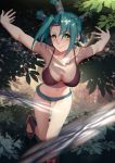  1girl absurdres aqua_hair black_bikini_top cutoffs daye_bie_qia_lian green_eyes highres hunter_x_hunter looking_at_viewer motion_blur navel outdoors see-through short_hair shorts smile solo tree weapon 