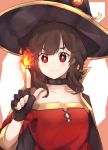  1girl absurdres ahoge bandages bangs black_choker blush breasts brown_hair cape choker collarbone commentary dress fingerless_gloves fire gloves h.pn hat highres kono_subarashii_sekai_ni_shukufuku_wo! looking_at_viewer magic megumin red_dress red_eyes smile solo witch witch_hat 