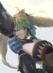  animal_ears arrow atalanta_(fate) bow_(weapon) cat_ears close-up fate/apocrypha fate/grand_order fate_(series) gauntlets green_eyes hair_ornament highres holding holding_bow_(weapon) holding_weapon long_hair looking_at_viewer multicolored_hair twintails two-tone_hair weapon yodaka 