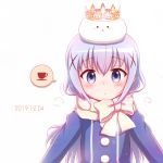  1girl :&lt; angora_rabbit animal animal_on_head bangs blue_eyes blue_hair blue_jacket blush bow closed_mouth commentary_request crown dated eyebrows_visible_through_hair gochuumon_wa_usagi_desu_ka? goth_risuto hair_between_eyes hair_ornament jacket kafuu_chino long_hair looking_at_viewer on_head parted_lips rabbit scarf sidelocks simple_background speech_bubble tippy_(gochiusa) triangle_mouth upper_body very_long_hair white_background x_hair_ornament 