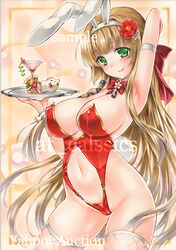  absurdres animal_ears at_classics blonde_hair breasts bunnysuit green_eyes highres huge_breasts long_hair rabbit_ears thigh-highs 