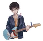  1boy black-framed_eyewear black_eyes black_hair commentary_request cos17mic fender_mustang guitar instrument jacket looking_at_viewer male_focus music playing_instrument plectrum rabbit simple_background solanin solo taneda_naruo upper_body white_background 