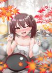  1girl autumn_leaves bad_id bad_twitter_id blurry bottle brown_eyes brown_hair collarbone cup depth_of_field fang flat_chest highres kantai_collection kirigakure_(kirigakure_tantei_jimusho) leaf maple_leaf naked_towel one_eye_closed onsen open_mouth ryuujou_(kantai_collection) sake_bottle smile solo towel tray tree tree_branch twintails wet 