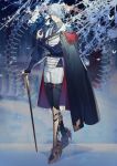  1boy bangs black_cape black_legwear blue_hair blurry blurry_background brown_eyes cane cape grey_hair hair_over_one_eye hand_up highres long_sleeves looking_at_viewer male_focus pants parted_bangs pixiv_fantasia pixiv_fantasia_last_saga rezia snow solo standing vest white_butterfly white_vest 