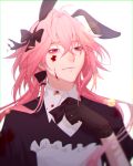  1boy animal_ears astolfo_(fate) astolfo_(saber)_(fate) bishounen black_bow black_gloves black_neckwear black_ribbon blood blood_on_face bloody_clothes blur bow bowtie chromatic_aberration fate/grand_order fate_(series) gloves hair_intakes half-closed_eyes highres long_hair looking_at_viewer multicolored_hair pink_hair rabbit_ears ribbon simple_background solo streaked_hair twintails user_zafc3487 violet_eyes white_background white_hair 
