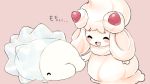  ^_^ alcremie blush bug closed_eyes food fruit gen_8_pokemon highres insect no_humans open_mouth pink_background pokemon pokemon_(creature) pokemon_(game) pokemon_swsh simple_background siratamairipafe snom standing strawberry 
