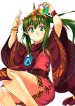 1girl bracelet closed_mouth dress fire_emblem fire_emblem:_mystery_of_the_emblem fire_emblem_heroes fuussu_(21-kazin) green_eyes green_hair holding jewelry long_hair orb pink_dress pointy_ears ponytail short_dress simple_background solo tiara tiki_(fire_emblem) white_background 