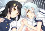  2girls bangs black_hair blush bon_(bonbon315) commentary_request crescent crescent_hair_ornament face hair_ornament holding_hands lying multiple_girls on_back on_side open_mouth original pillow short_sleeves siblings smile star star_hair_ornament striped_pillow twins white_hair yellow_eyes 