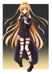  1girl bangs black_cape black_dress black_footwear black_sleeves blonde_hair blush boots breasts bustier cape cleavage_cutout detached_sleeves dress eyebrows_visible_through_hair floating_hair gradient gradient_background hair_between_eyes hair_intakes hair_ornament highres konjiki_no_yami long_hair long_sleeves looking_at_viewer parted_lips pleated_dress red_eyes shiny shiny_hair short_dress sleeveless sleeveless_dress small_breasts solo thigh_strap to_love-ru very_long_hair yuyamino_sora 