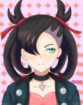  1girl bangs black_hair black_jacket dress evil_smile highres jacket kiro-u laughing light_smile mary_(pokemon) md5_mismatch open_clothes pink_dress pokemon pokemon_(game) pokemon_swsh roxy short_hair simple_background smile 