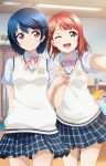  2girls :d bangs braid collared_shirt commentary_request cowboy_shot green_eyes hair_ornament hairpin highres holding_hands indoors kuusuke_(yo_suke39) looking_at_viewer love_live! love_live!_school_idol_festival_all_stars miniskirt multiple_girls navy_blue_skirt neck_ribbon open_mouth orange_hair perfect_dream_project pink_neckwear plaid plaid_skirt pleated_skirt ribbon self_shot shirt short_hair short_sleeves side_braid skirt smile sweater_vest swept_bangs uehara_ayumu violet_eyes yellow_eyes 