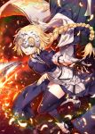  1girl :d armor armored_boots armored_dress bangs black_bow black_legwear blonde_hair blue_dress blue_eyes blush boots bow braid breasts chain commentary_request dress eyebrows_visible_through_hair fate/apocrypha fate_(series) flag flower gabiran gauntlets hair_between_eyes hair_bow headpiece jeanne_d&#039;arc_(fate) jeanne_d&#039;arc_(fate)_(all) long_hair looking_at_viewer medium_breasts open_mouth single_braid smile solo standing standing_on_one_leg sword thigh-highs v-shaped_eyebrows very_long_hair weapon white_flower 