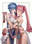  2girls armlet blue_hair braid brown_eyes crown_braid dancer dress fire_emblem fire_emblem:_three_houses from_side highres hilda_valentine_goneril long_hair looking_to_the_side lynchis marianne_von_edmund multiple_girls one_eye_closed parted_lips pink_eyes pink_hair simple_background twintails 