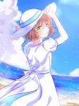  1girl beach blonde_hair blue_sky cardcaptor_sakura closed_mouth clouds day dress green_eyes hat kinomoto_sakura looking_at_viewer looking_back ocean outdoors ranoranran short_hair short_sleeves sky smile solo standing sun_hat sundress white_dress white_headwear 