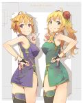  2girls \n/ ahoge back_cutout blonde_hair bow bracelet bridal_gauntlets bun_cover character_request china_dress chinese_clothes commentary_request double_bun dress green_bow green_eyes grin hair_flaps highres ibuki_tsubasa idolmaster idolmaster_million_live! jewelry long_hair looking_back multiple_girls orange_hair panty_straps short_hair side_slit single_thighhigh smile thigh-highs twintails violet_eyes w yellow_bow yoshito 