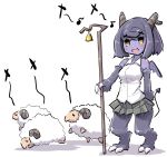  1girl :d animal bare_shoulders bell blush breasts collared_shirt crook curled_horns demon_girl demon_horns demon_tail demon_wings eighth_note grey_hair grey_skirt holding horns looking_away mini_wings monster_girl musical_note open_mouth original pleated_skirt purple_skin purple_wings shadow sharp_teeth sheep shepherd&#039;s_crook shirt skirt sleeveless sleeveless_shirt small_breasts smile solo staff standing tail teeth u-non_(annon&#039;an) white_background white_shirt wings yellow_eyes 